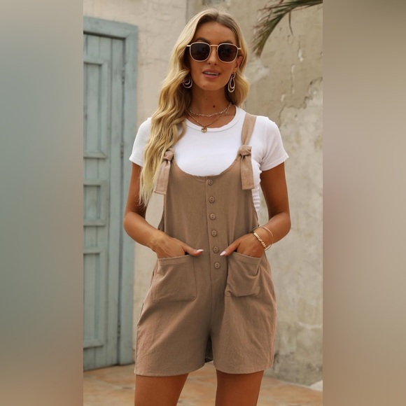 Yeokou Women's Cotton Linen Overall Romper Adjustable Tie Straps w/Pockets NWOT - Picture 2 of 6
